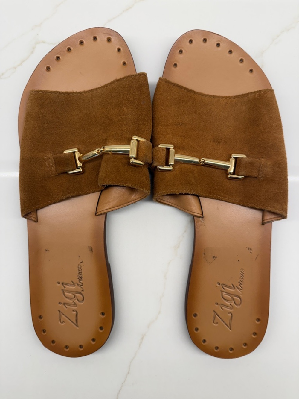Zigi Tan Suede Slide Mules with Gold Hardware